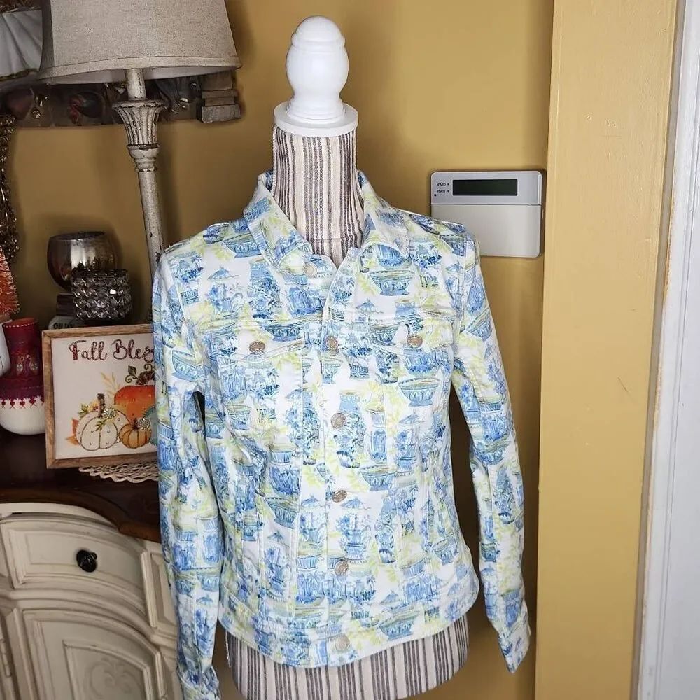 Talbots blue and yellow floral denim jacket women's size XS
